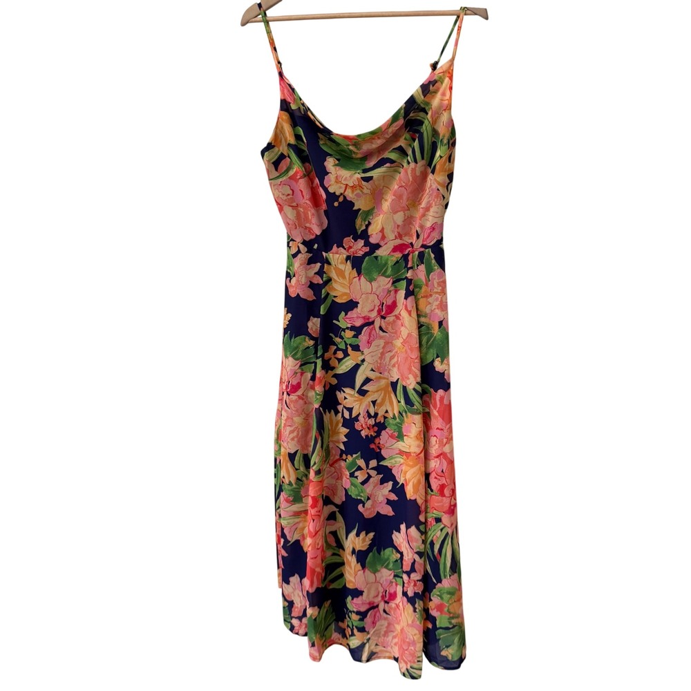 Flying Tomato Floral Cowl Neck Midi Dress Medium Navy Blue Tropical